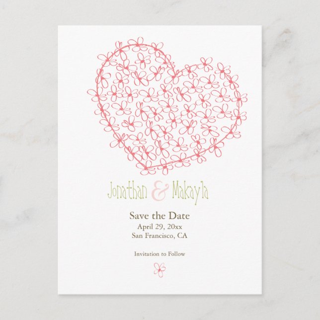 Postal De Anuncios Floral Heart Save the Date: Rosa (Anverso)