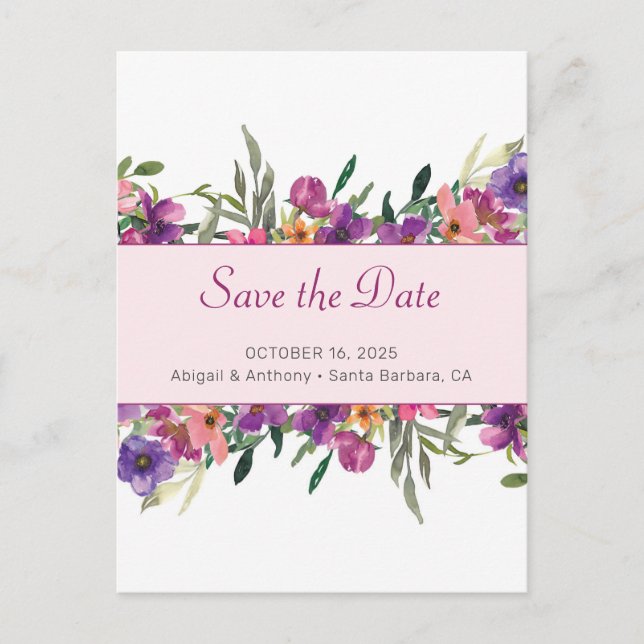 Postal De Anuncios Floral Mauve acuarela botánica Guardar la fecha (Anverso)