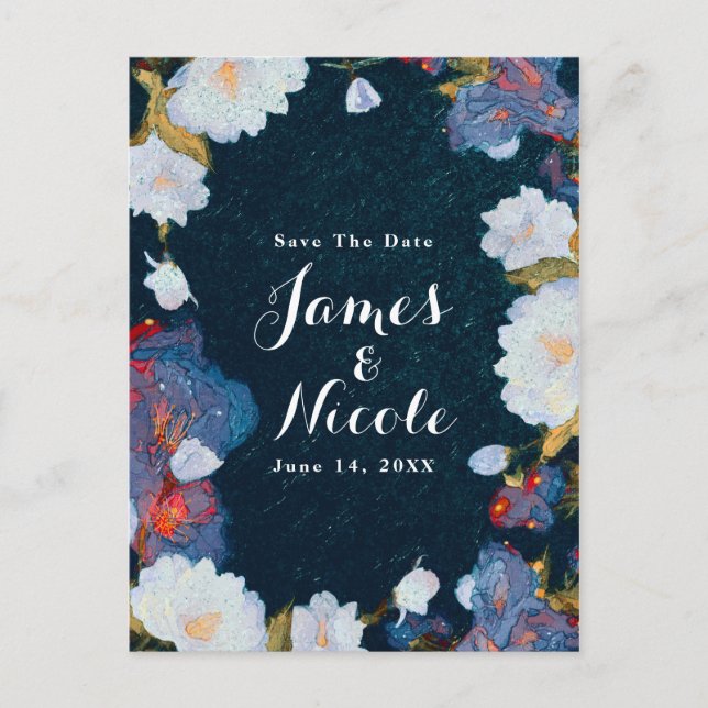Postal De Anuncios Floral moderna azul y blanca elegante salva la fec (Anverso)