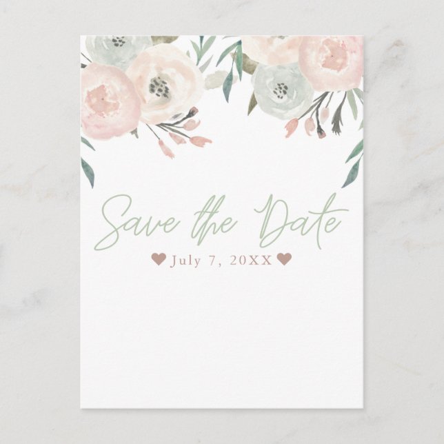Postal De Anuncios Floral moderna verde rosa y sabrosa salva la fecha (Anverso)