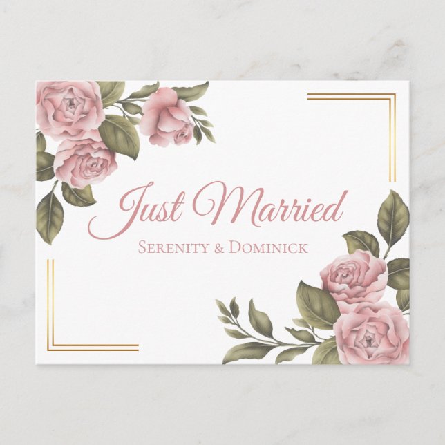 Postal De Anuncios Floral recién casada Peony Rosa Elegante Boda (Anverso)