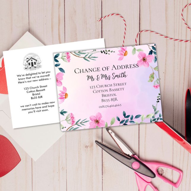 Postal De Anuncios floral rosa Cambio de dirección elegante nuevo hog (Subido por el creador)