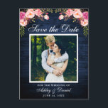 Postal De Anuncios Floral rosa de madera azul rusa salva la foto de l<br><div class="desc">La Madera Azul Rústica Salva La Foto De Compromiso De Fecha Postcard - Floral De Rubor Rosa De Agua,  Marco Blanco</div>