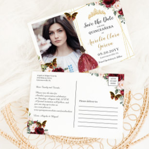 Postal De Anuncios Floral rosa de Rubor rojo borgoña Quinceañera Phot