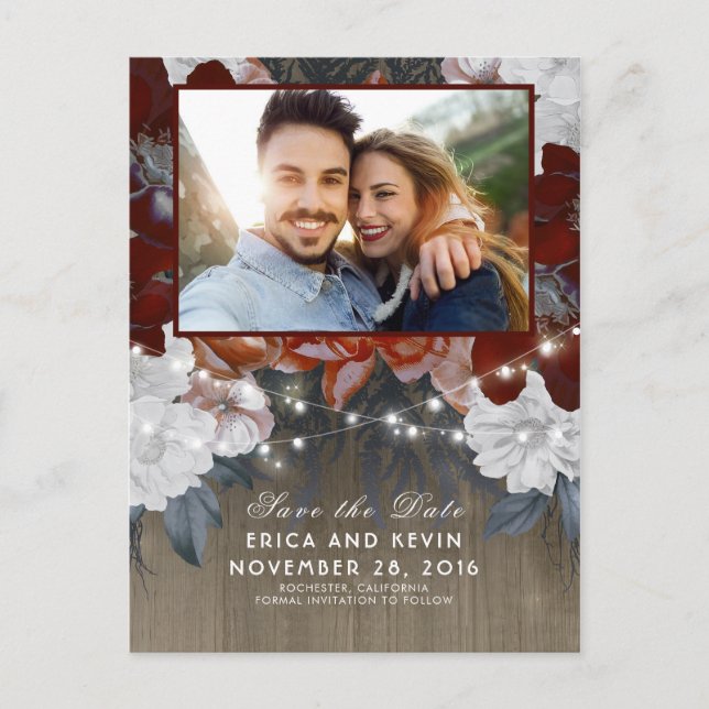 Postal De Anuncios Floral Rustic Wood and Lights Photo Save the Date (Anverso)