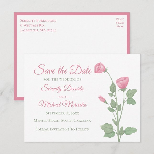 Postal De Anuncios Floral Save the Date Pink Spring Flowers Boda (Anverso / Reverso)