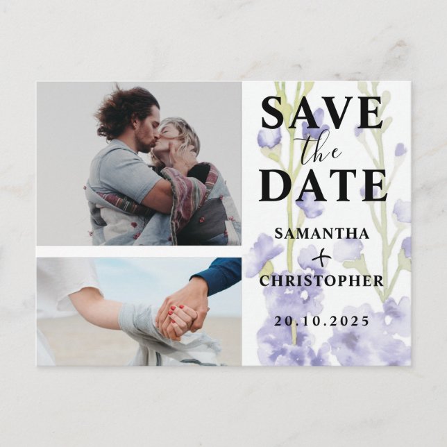 Postal De Anuncios Floral Save the Date Púrpura y Blanco Foto Boda (Anverso)