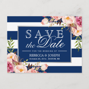 Postal De Anuncios Floral Silver Navy Blue Stripes Save the Date