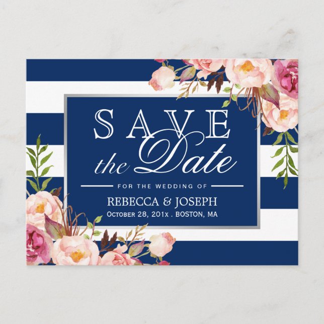 Postal De Anuncios Floral Silver Navy Blue Stripes Save the Date (Anverso)