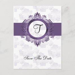 Postal De Anuncios florecer monograma de boda morado guardar la fecha