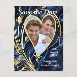 Postal De Anuncios Flores abstractas de blanco y oro en la seda azul