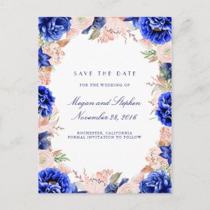 Postal De Anuncios Flores acuarela azul marino y rosa Save the Date