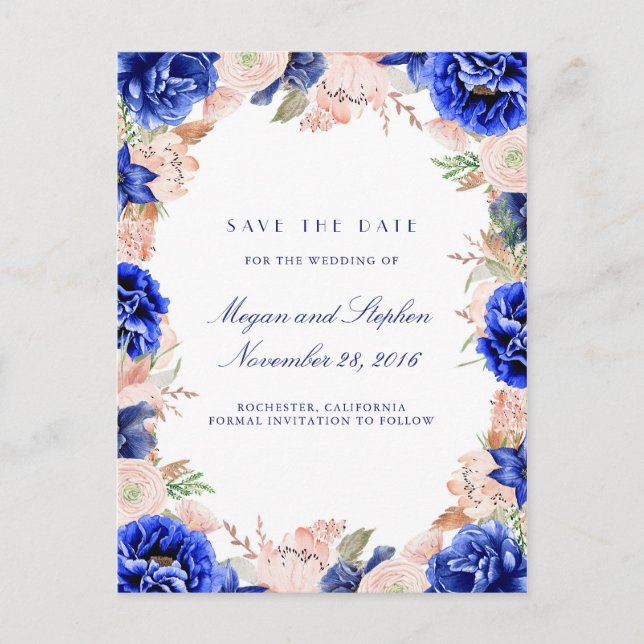 Postal De Anuncios Flores acuarela azul marino y rosa Save the Date (Anverso)