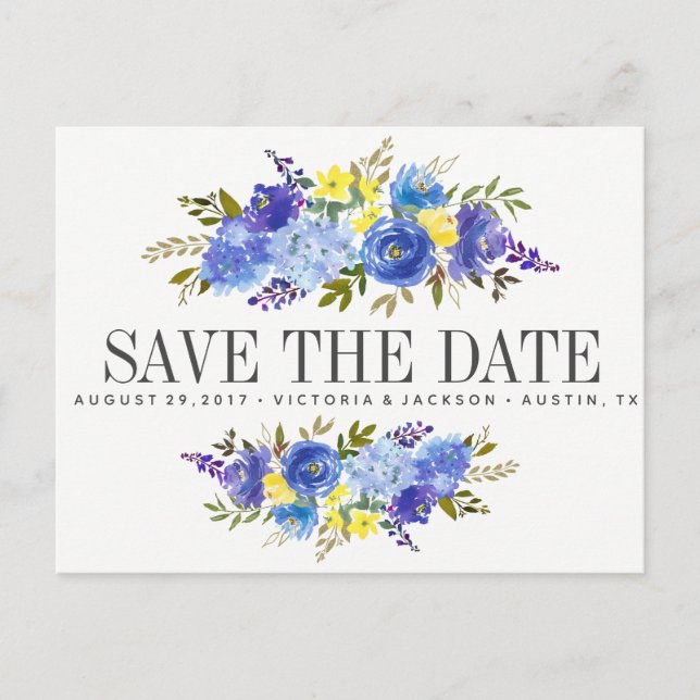 Postal De Anuncios Flores amarillas azules brillantes BODA guardar la (Anverso)