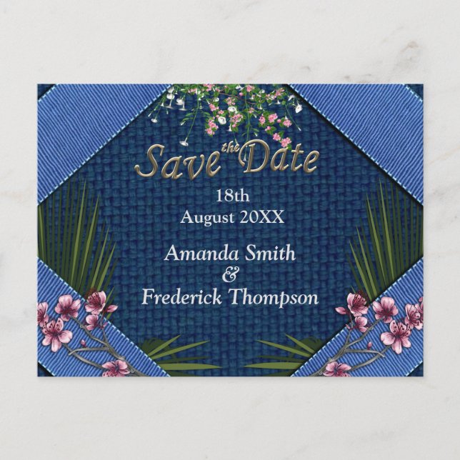 Postal De Anuncios Flores artísticas rosadas sobre textura de tela az (Anverso)