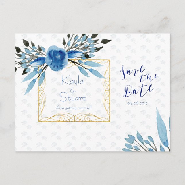 Postal De Anuncios Flores Azules De Acuarela Guardar El Boda De Fecha (Anverso)