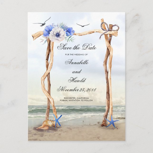 Postal De Anuncios Flores Azules de Playa Guardar la Fecha (Anverso)