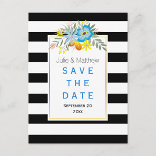 Postal De Anuncios Flores azules y boda de rayas Salven la fecha