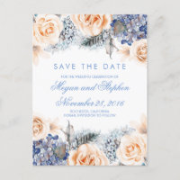 Flores Azules y Melocotón Acuarela Guardar la Fech