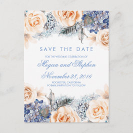 Postal De Anuncios Flores Azules y Melocotón Acuarela Guardar la Fech