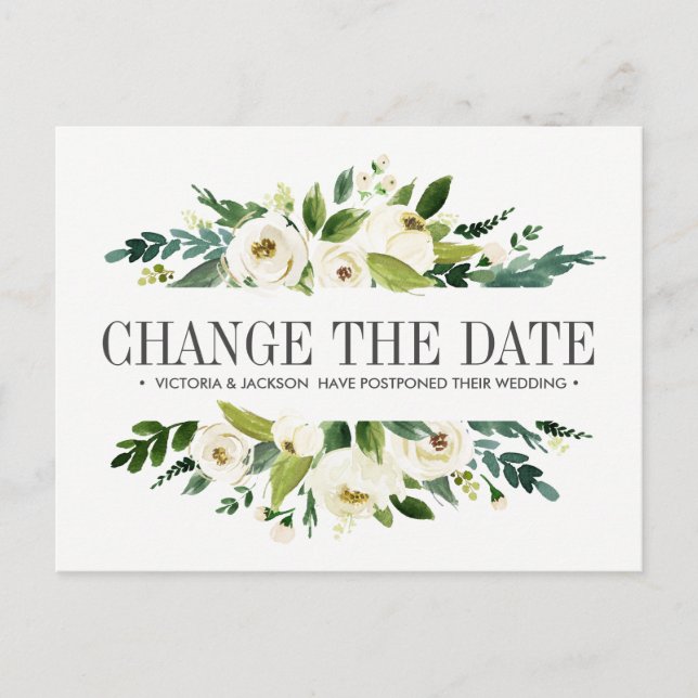 Postal De Anuncios Flores Blancas CAMBIO DE FECHA DE BODAS APLAZAMIEN (Anverso)