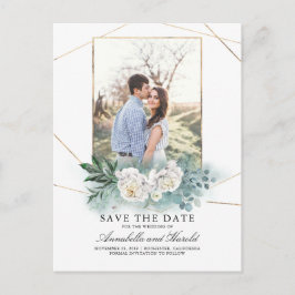 Postal De Anuncios Flores blancas y foto verde salven la fecha
