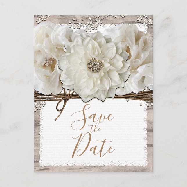 Postal De Anuncios Flores blancas y glam rústico birch salvan la fech (Anverso)