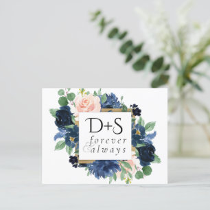 Postal De Anuncios Flores Chic   Boda Romántica en Azul Marino y Rubo