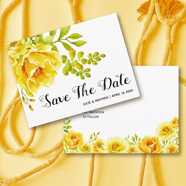 Postal De Anuncios Flores de acuarela amarillas boda Save the Date (Subido por el creador)
