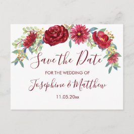 Postal De Anuncios Flores de Acuarela Borgoña Save the Date