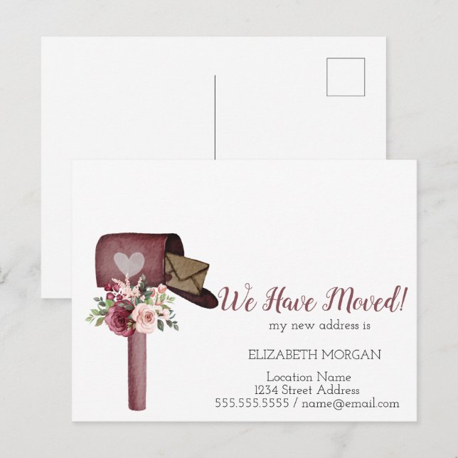Postal De Anuncios Flores de Buzón de Acuarela Nos Hemos Mudado (Anverso / Reverso)