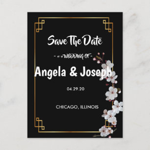 Postal De Anuncios Flores de cerezo blanco y marco dorado Guardar la 