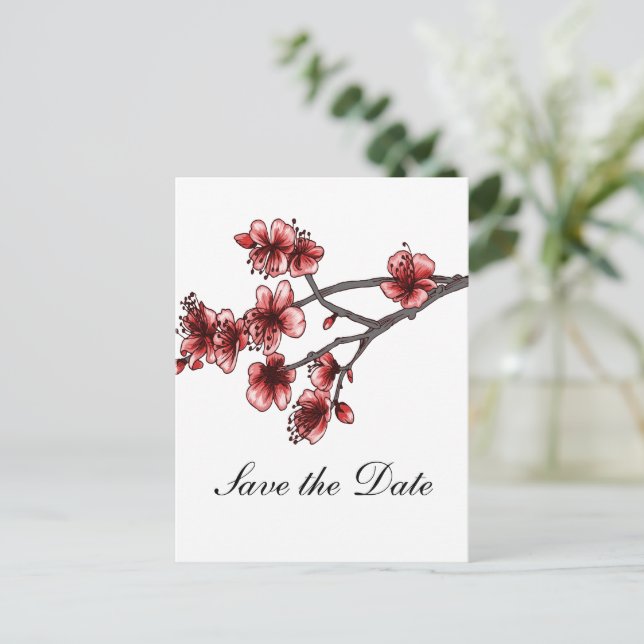 Postal De Anuncios Flores de cerezos rojas simples salvan la fecha (Anverso de pie)