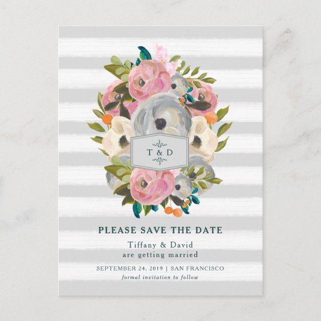 Postal De Anuncios Flores de color de agua y rayas grises ahorran la  (Anverso)