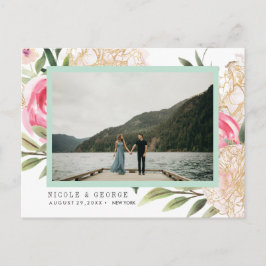 Postal De Anuncios Flores de oro de Peony Foto BODA SALVAR LA FECHA