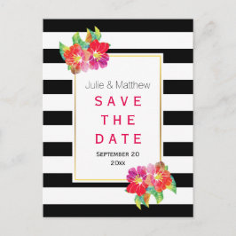 Postal De Anuncios Flores de Waterclor y rayas de boda Save the Date