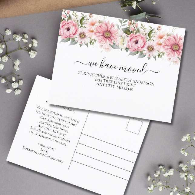 Postal De Anuncios Flores Florales Blancas Rosadas Guión Movimiento (pink white floral watercolor flowers moving announcement postcard.)