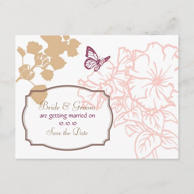 Postal De Anuncios Flores ilustradas y mariposa casada en el jardín (Anverso)