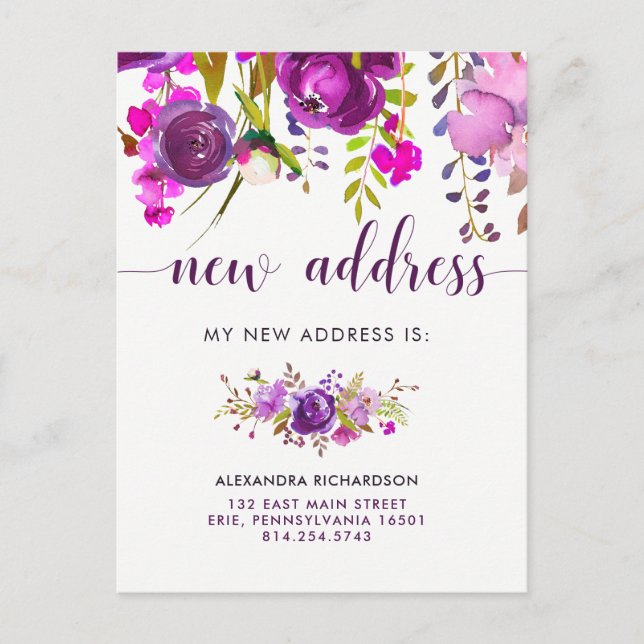 Postal De Anuncios Flores moradas de bonito | Nueva dirección (Anverso)