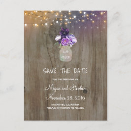 Postal De Anuncios Flores moradas Mason Jar Rustic Salva la fecha