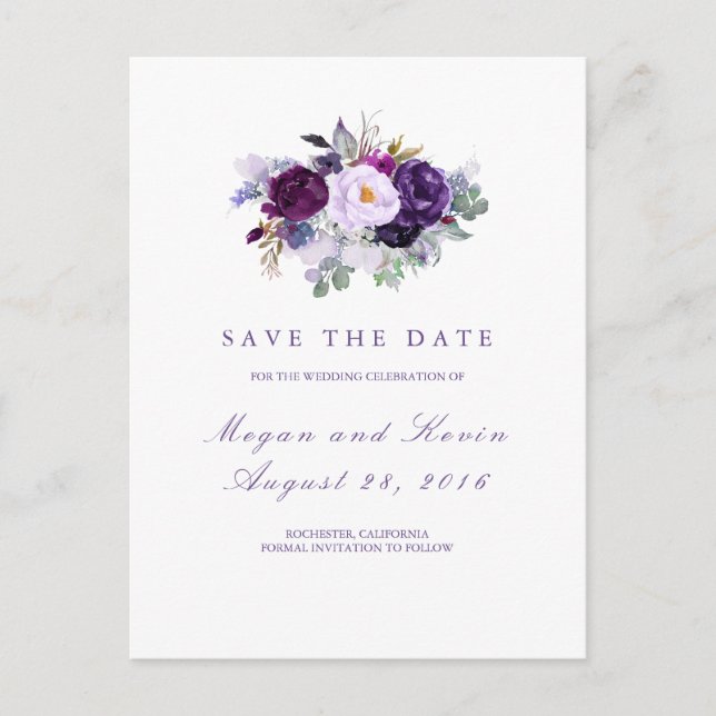 Postal De Anuncios Flores moradas románticas salvan la fecha (Anverso)