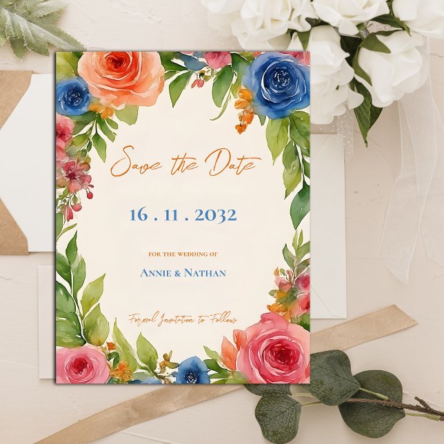 Postal De Anuncios Flores Naranjas Elegantes Florecen Boda Floral (Chic Orange Blue Flowers Bloom Floral Wedding Announcement Postcard)