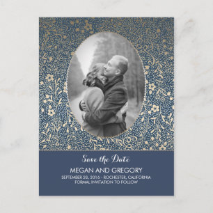Postal De Anuncios Flores Navy y Oro Chic Foto Guardar la Fecha