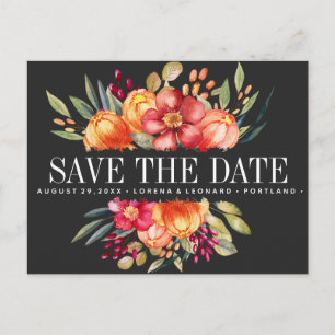 Postal De Anuncios Flores pintadas Boda gris oscuro salva la fecha