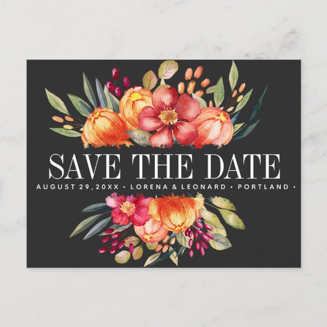 Postal De Anuncios Flores pintadas Boda gris oscuro salva la fecha (Anverso)