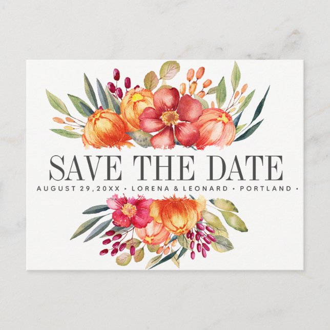 Postal De Anuncios Flores pintadas naranjas boda ahorrar la fecha (Anverso)