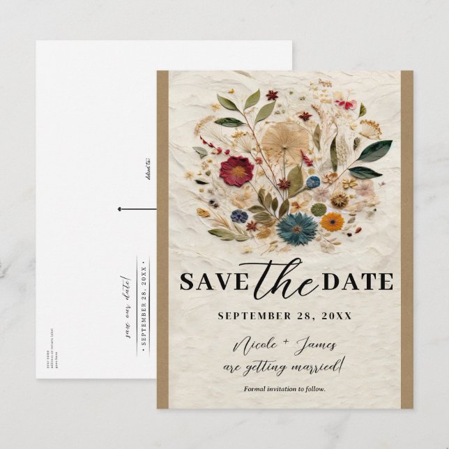 Postal De Anuncios Flores Prensadas de Jardín Caprichoso Save the Dat (Anverso / Reverso)
