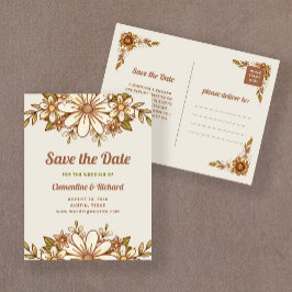 Postal De Anuncios Flores retro Boho | Boda Guardar la fecha