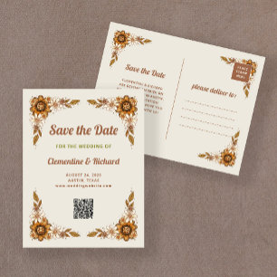Postal De Anuncios Flores Retro   Código QR Boda Save the Date