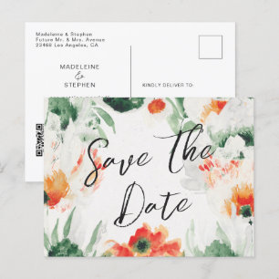 Postal De Anuncios Flores salvajes verdes y naranjas Código QR Guarda